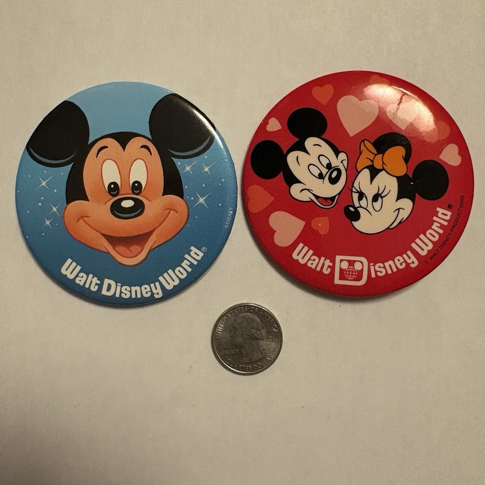 Vintage Walt Disney World Mickey Mouse And Minnie Mouse Button Pin Set Of 2